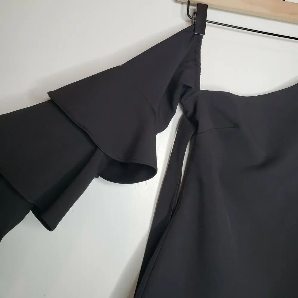 Venus Ruffle Sleeve One Shoulder Tie Waist Blouse 4 Black‎ Sexy Belted Top - Picture 8 of 12